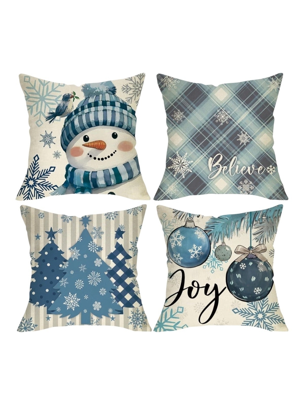 Holiday Snowman & Plaid Blue Decorative Throw Pillow Covers - Set of 4. NEW.